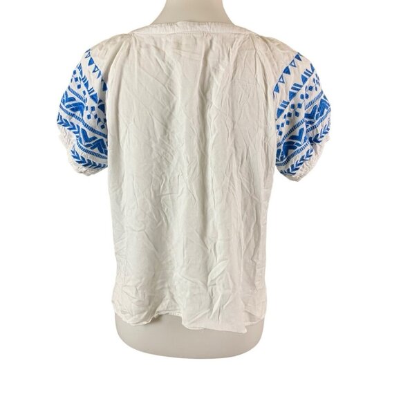 Savanna Jane White Blue Embroidered Boho Peasant Top Tassel Tie Ethnic Small - Picture 2 of 4